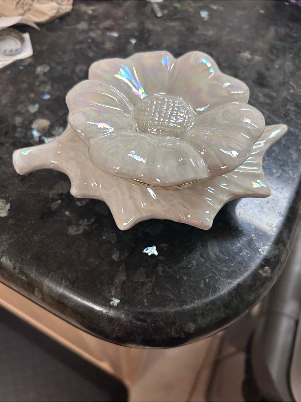Iridescent White Ceramic Flower Trinket Box
